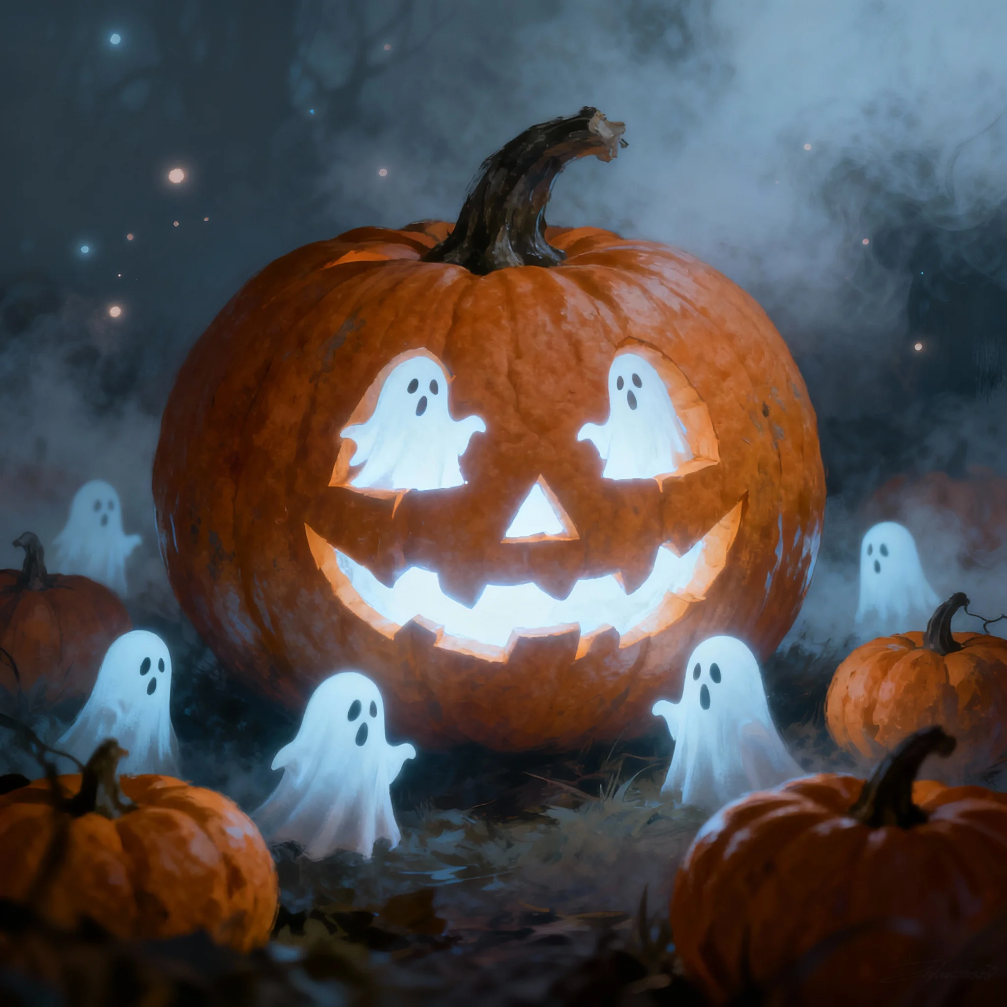 pumpkin with carved ghost shapes glowing