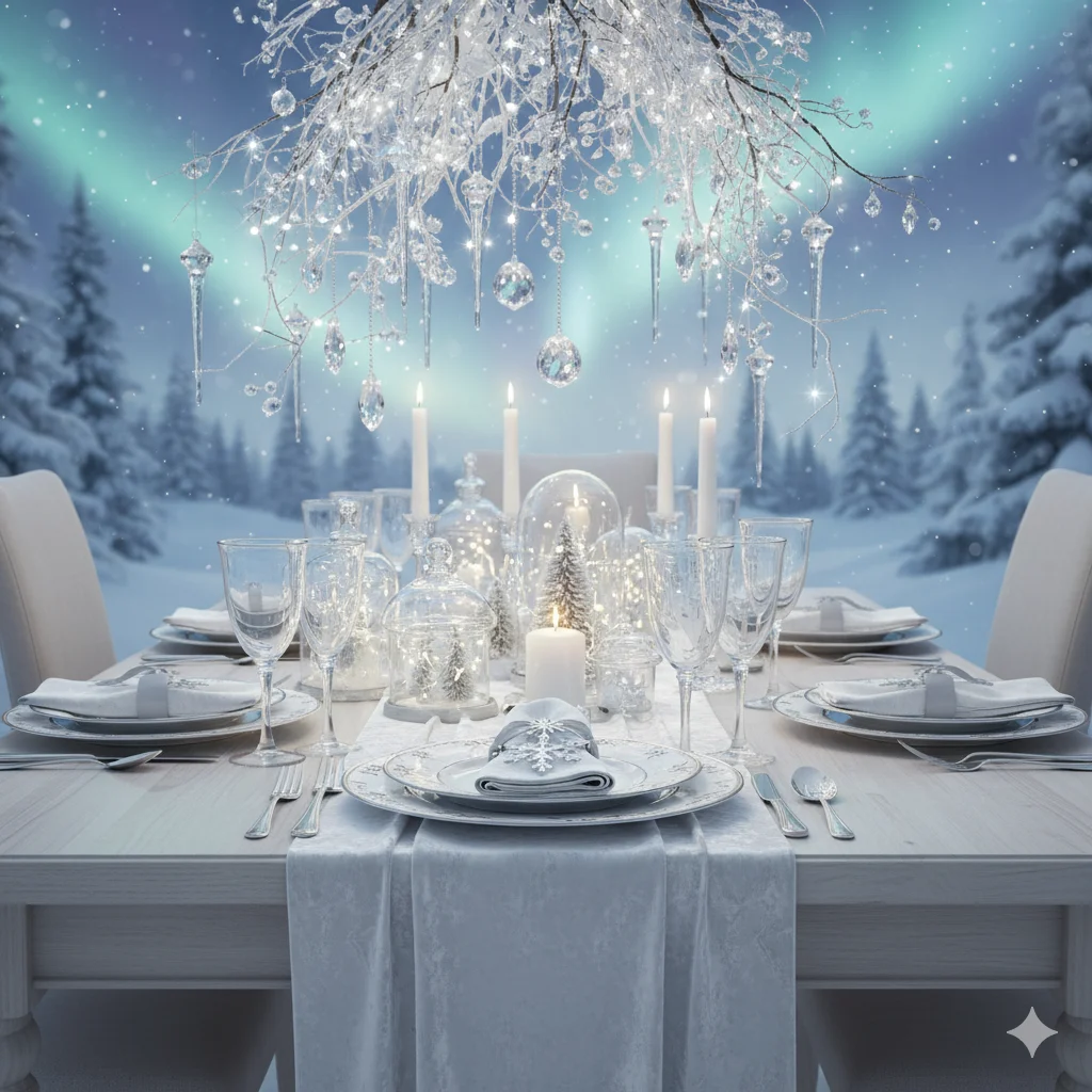13 Best Festive Dining Table Decoration Ideas for the Holiday Season 2 A magical winter wonderland dining table