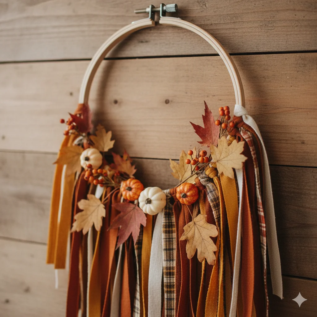 13 Unique Thanksgiving DIY Gifts You Can Make in a Day 7 Autumn themed wall hanging on wooden hoop 1