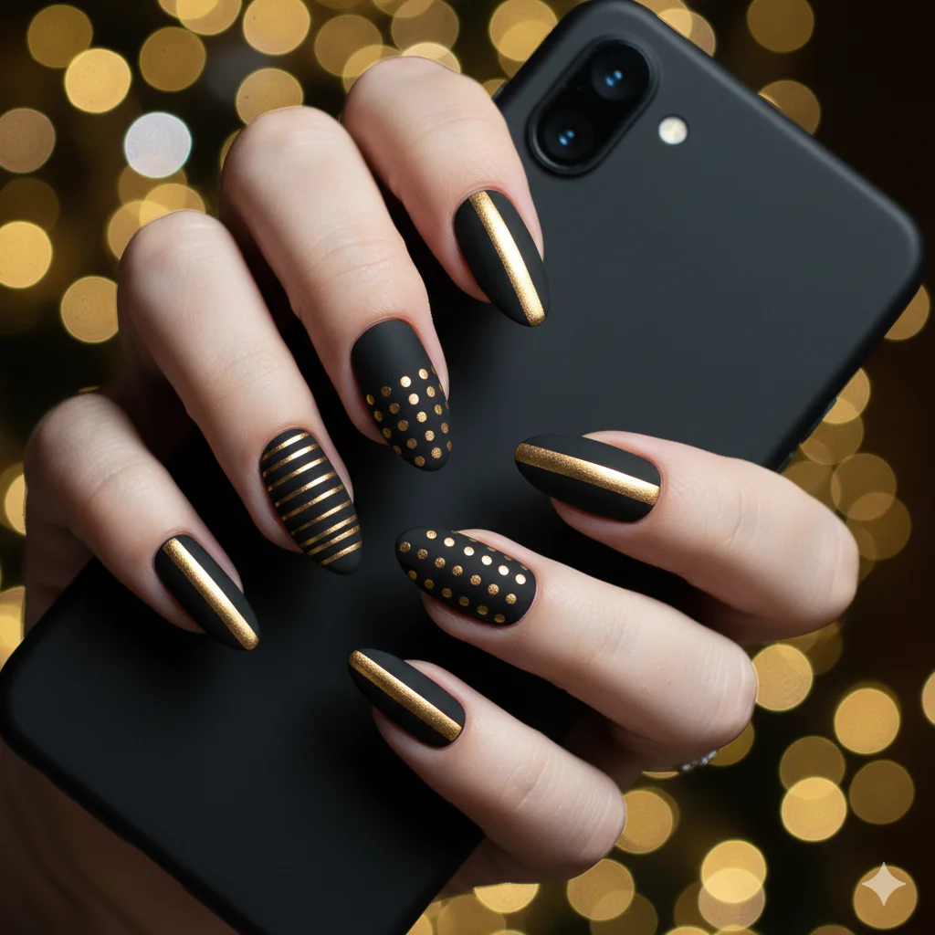 17 Happy New Year Nail Design Ideas For New Year 2026 3 Black Gold Glam