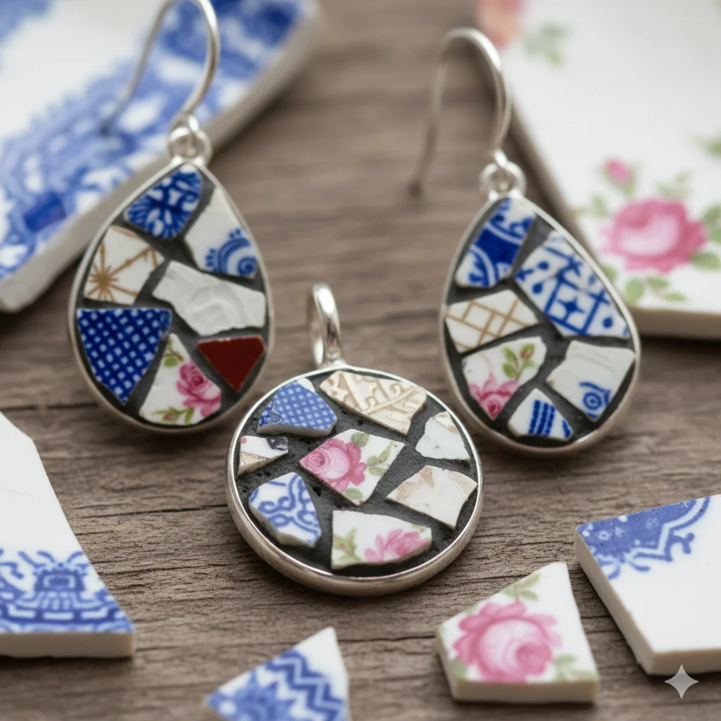 17 Unique Eco-Friendly Recycled Art Ideas for Beginners 13 Broken Dish Mosaic Jewelry