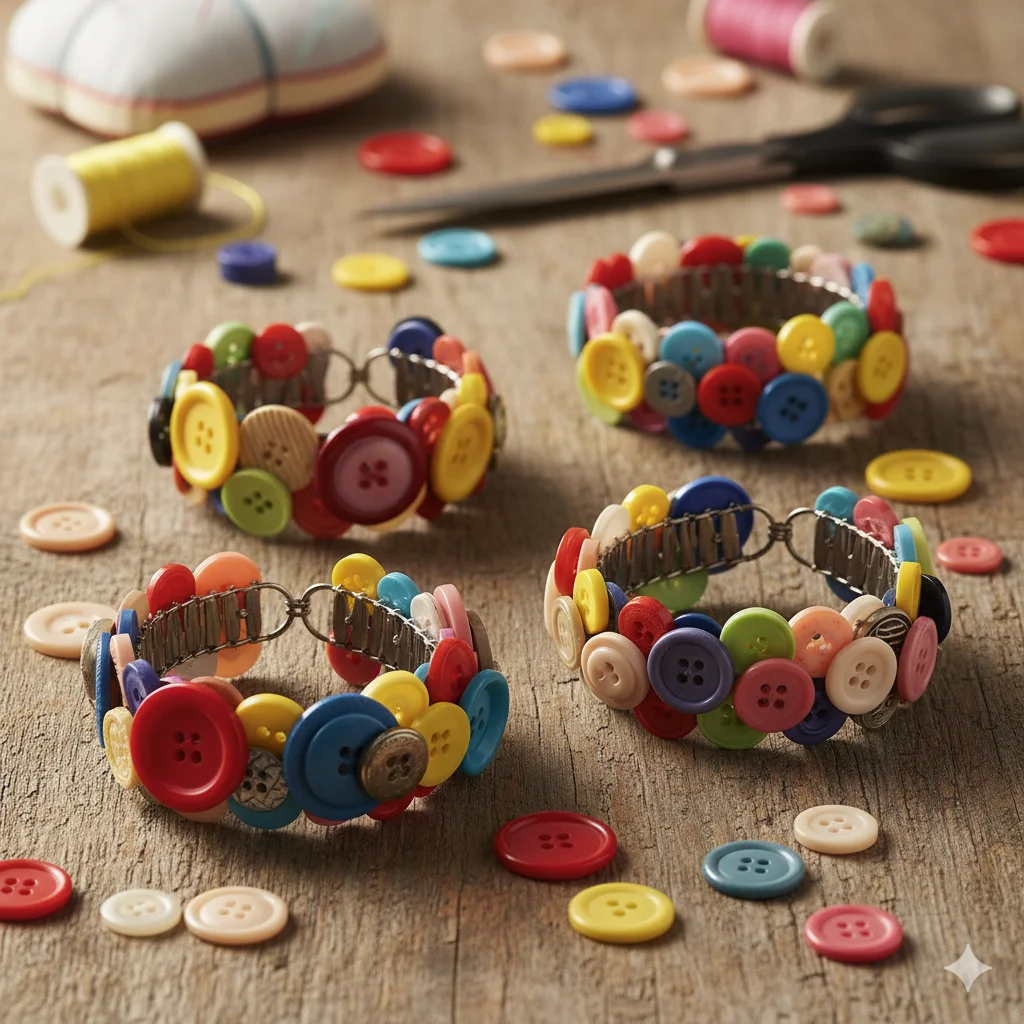 17 Creative Recycled Jewelry DIY Ideas for Eco-Friendly Fashion 10 Button Stack Bracelets