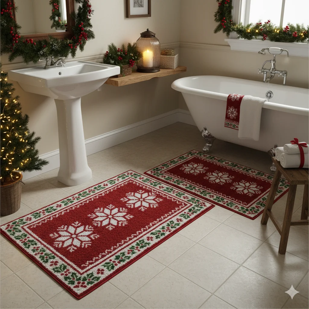 13 Festive Bathroom Touches for Christmas (Easy & Cozy Ideas) 12 Christmas Rugs Bath Mats