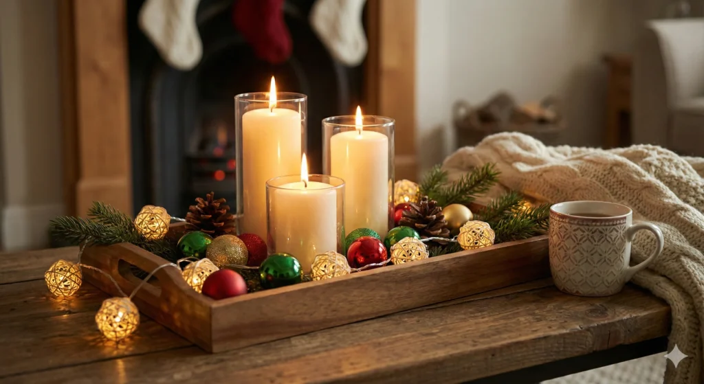 15 Festive Christmas Tray Decorating Ideas for Every Style 4 Cozy Candle Ornament Tray