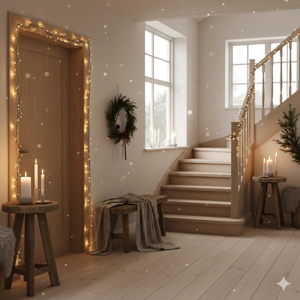 15 Christmas Entryway Decor Tips to Make Your Home Festive 2 Cozy Fairy Lights