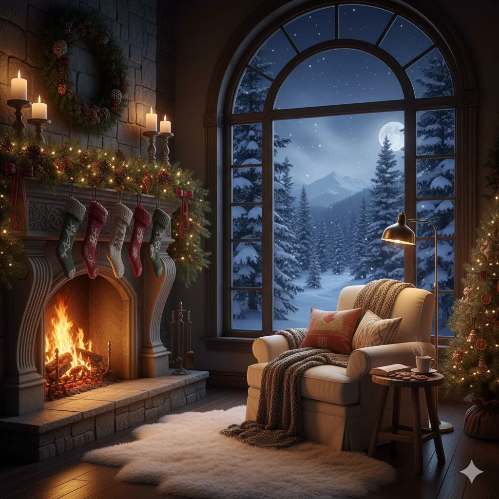 15 Cozy Christmas Living Room Ideas to Transform Your Home This Holiday Season 14 Cozy Fireplace Window View