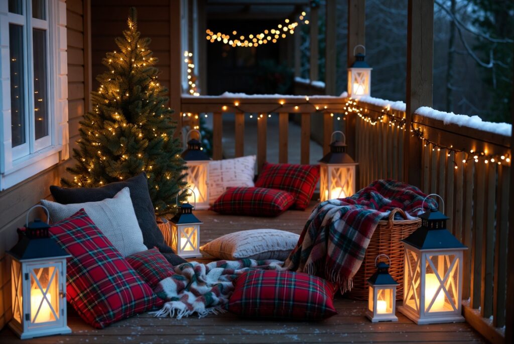 17 Magical Christmas Outdoor Decor Ideas to Transform Your Home This Holiday Season 11 Cozy Outdoor Seating Corner