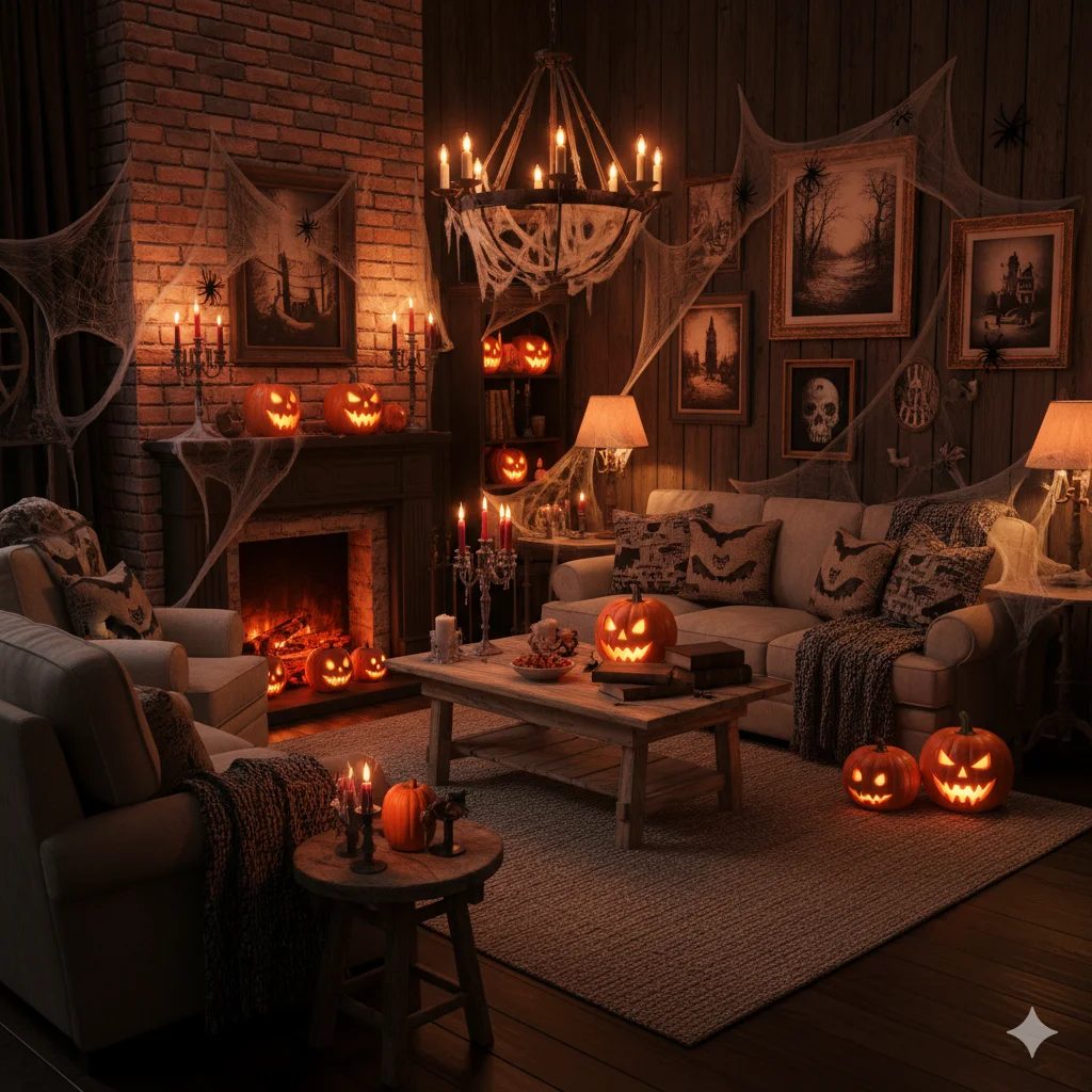 17 Spooky Season Home Decor Ideas That’ll Make Your Space Hauntingly Beautiful 2 Cozy living room with warm orange lighting