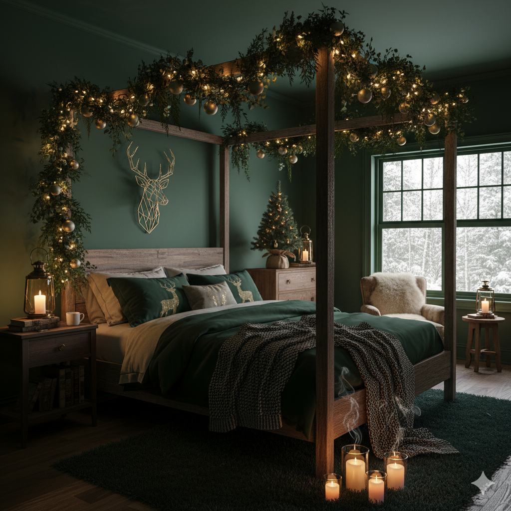 15 Beautiful Christmas Bedroom Decor Ideas 16 Dark Green Cozy Forest Christmas Bedroom