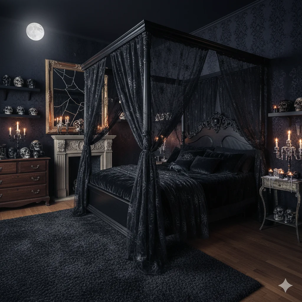 17 Spooky Season Home Decor Ideas That’ll Make Your Space Hauntingly Beautiful 5 Dark gothic bedroom with moody lighting