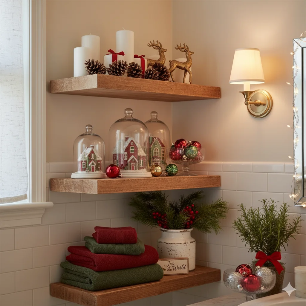 13 Festive Bathroom Touches for Christmas (Easy & Cozy Ideas) 5 Decorated Bathroom Shelves