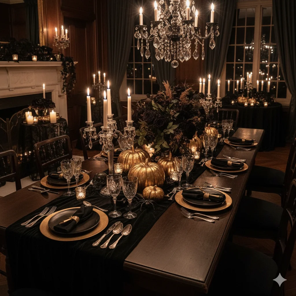 17 Spooky Season Home Decor Ideas That’ll Make Your Space Hauntingly Beautiful 8 Elegant Halloween table setup with gold pumpkins