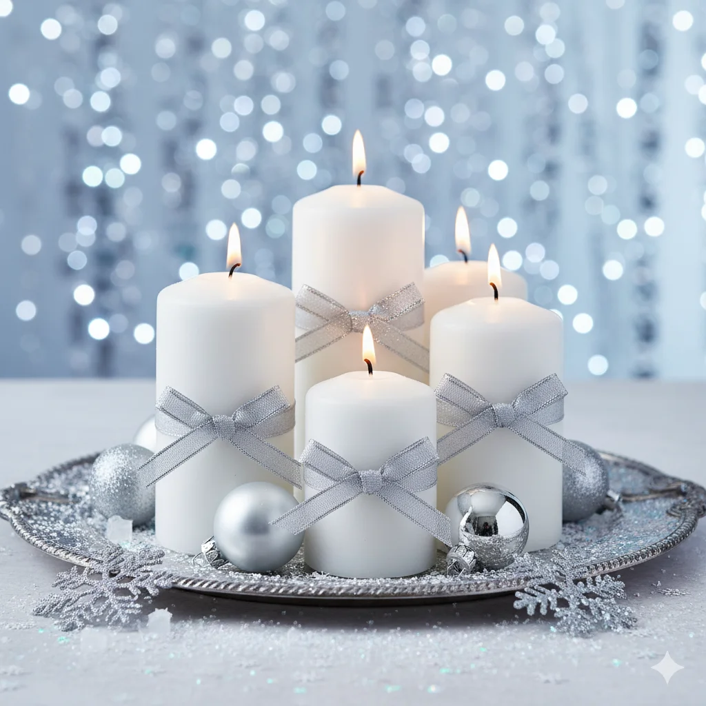15 DIY Candle Décor Ideas for Christmas 2026 12 Elegant white and silver candles