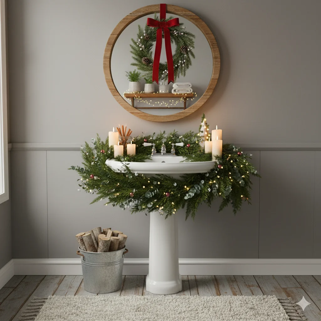 13 Festive Bathroom Touches for Christmas (Easy & Cozy Ideas) 4 Evergreen Garland Around Vanity