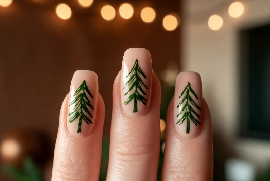 20 Christmas Nail Ideas 2025 – Trendy, Classy & Aesthetic Holiday Nails 16 Evergreen Outline Nails