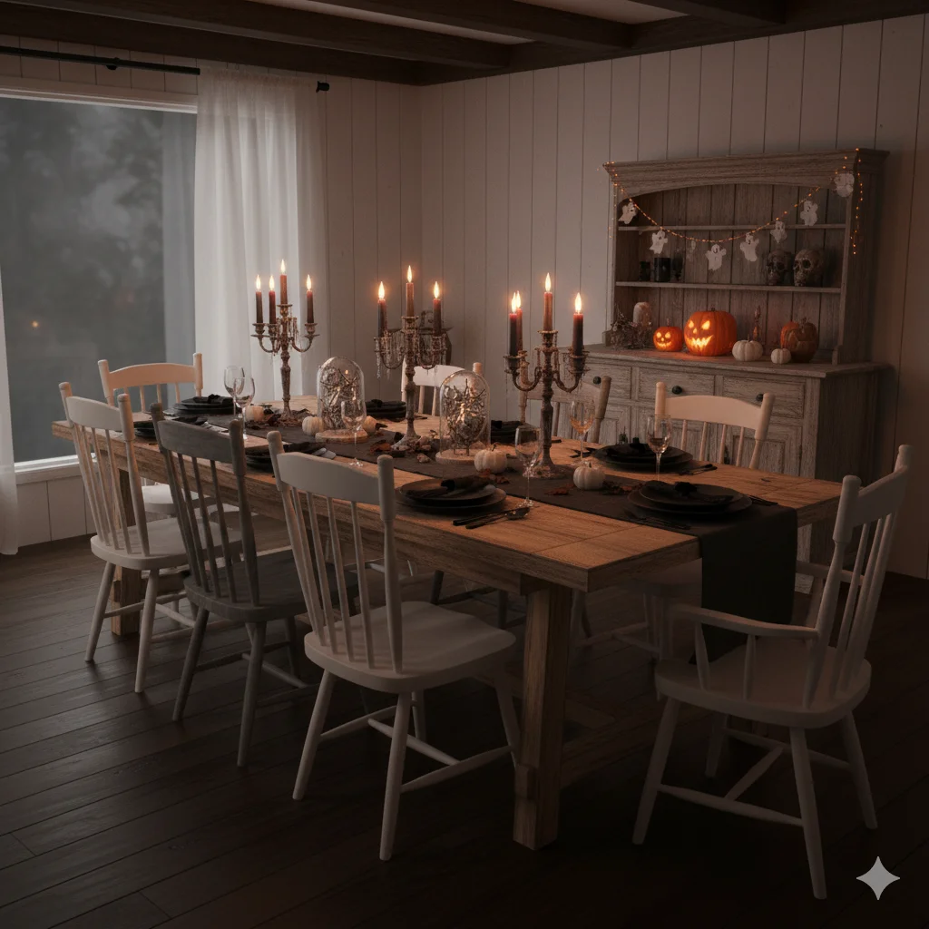 17 Spooky Season Home Decor Ideas That’ll Make Your Space Hauntingly Beautiful 6 Farmhouse dining room set for Halloween dinner
