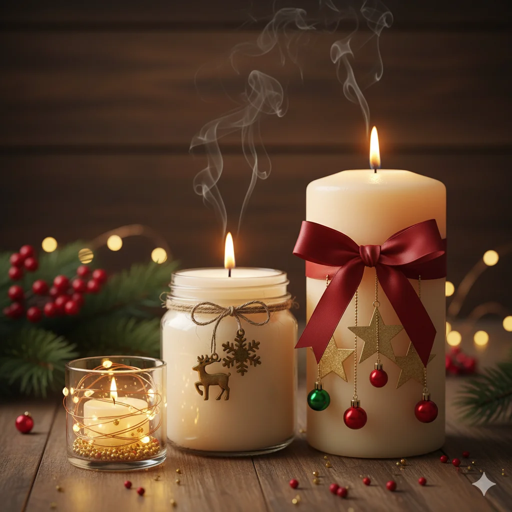 15 Cozy Christmas Candle Ideas for a Festive Holiday Atmosphere 3 Festive Christmas Candles on a Rustic Table