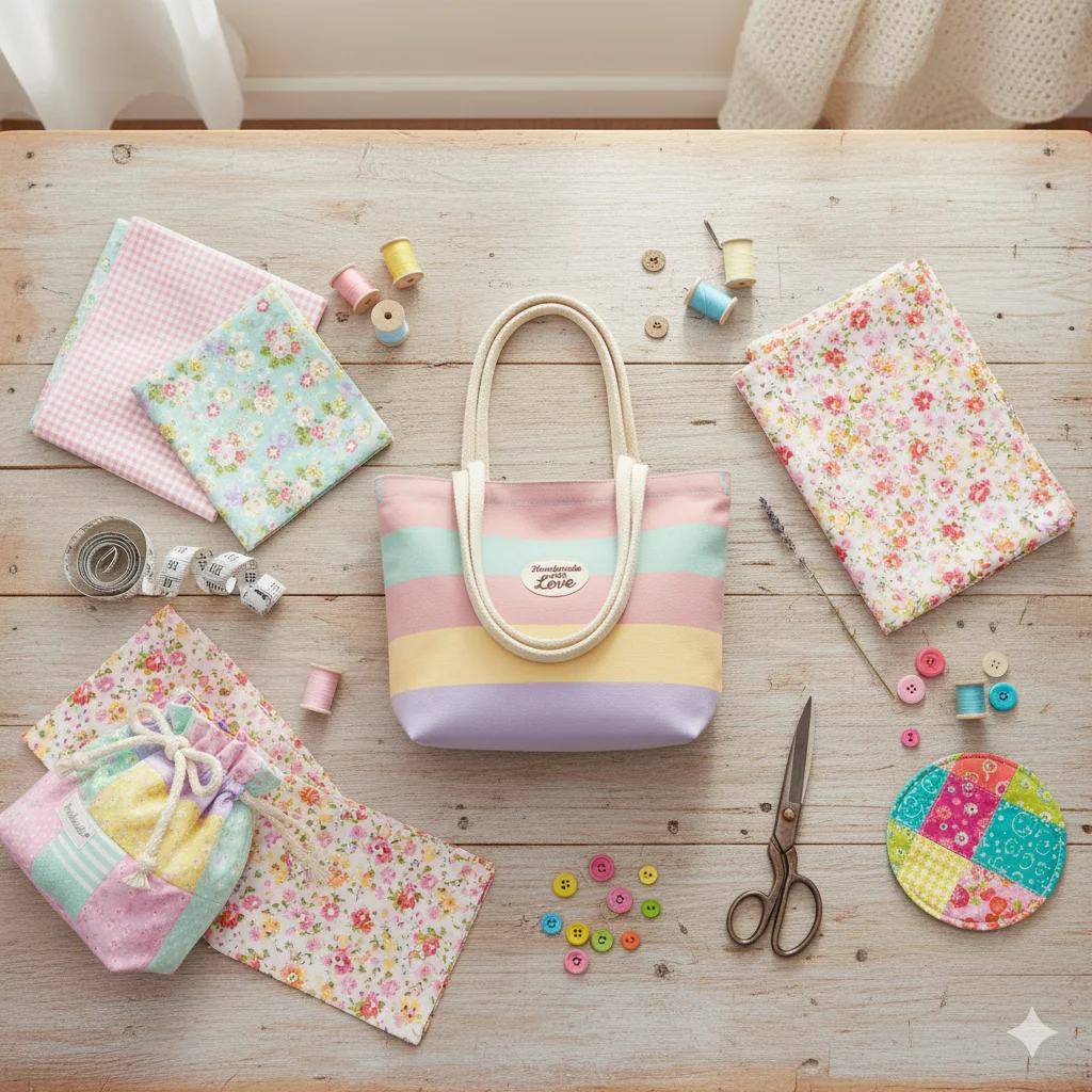 Flat lay of colorful sewing materials