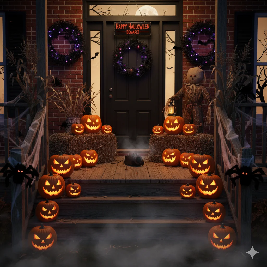 17 Spooky Season Home Decor Ideas That’ll Make Your Space Hauntingly Beautiful 16 Front porch decorated for Halloween