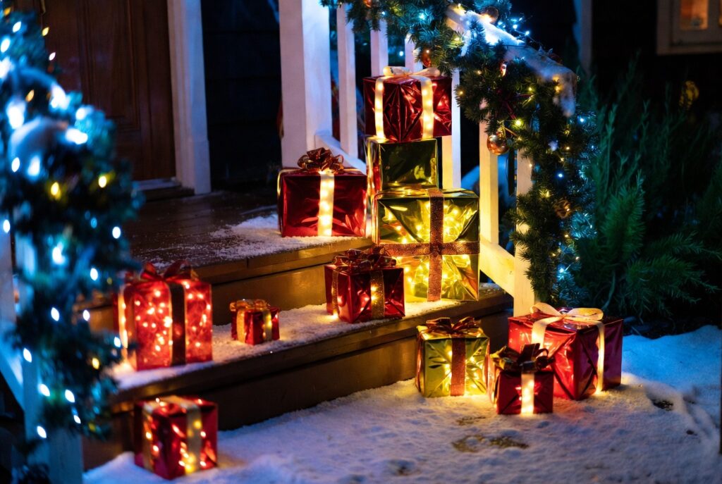 17 Magical Christmas Outdoor Decor Ideas to Transform Your Home This Holiday Season 7 Gift Box Light Displays