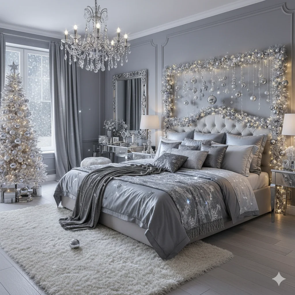 15 Beautiful Christmas Bedroom Decor Ideas 14 Glam Silver Christmas Bedroom