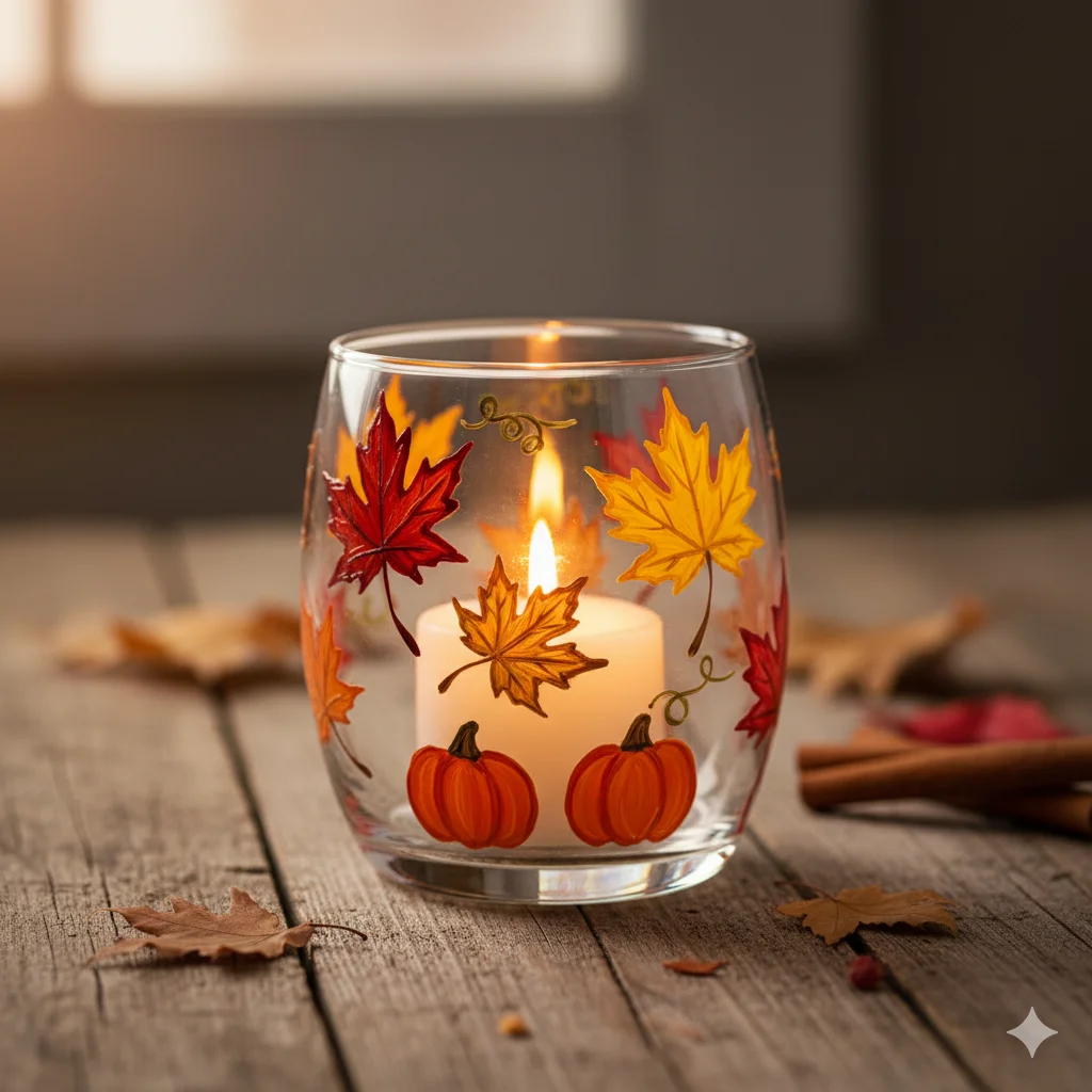 13 Unique Thanksgiving DIY Gifts You Can Make in a Day 13 Glass candle holder decorated with hand painted