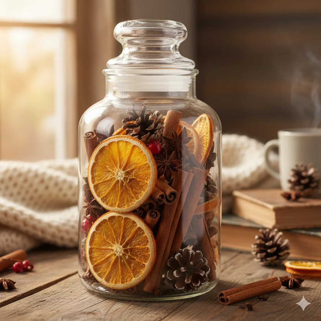 13 Unique Thanksgiving DIY Gifts You Can Make in a Day 10 Glass jar filled with dried orange slices