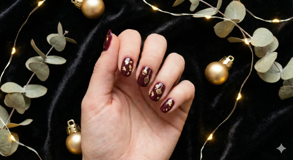 20 Christmas Nail Ideas 2025 – Trendy, Classy & Aesthetic Holiday Nails 7 Gold Foil Ornament Nails