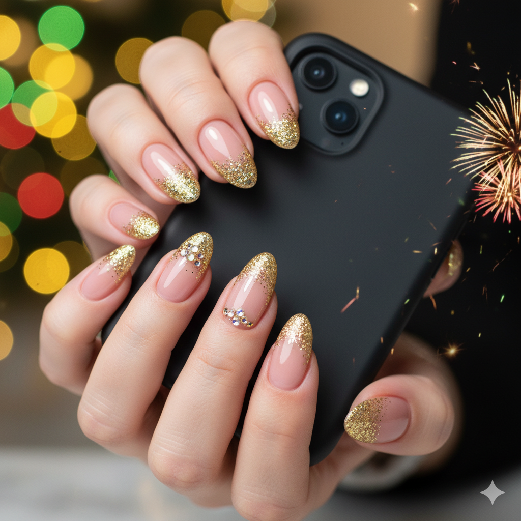 17 Happy New Year Nail Design Ideas For New Year 2026 2 Gold glitter