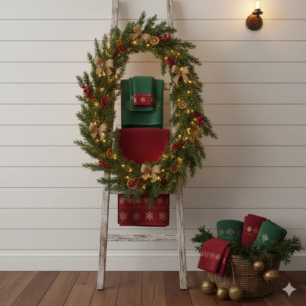 13 Festive Bathroom Touches for Christmas (Easy & Cozy Ideas) 13 Hand Towel Ladder with Christmas Decor