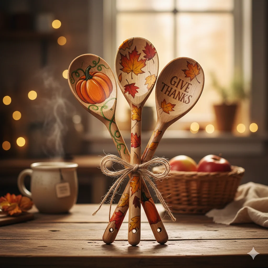 13 Unique Thanksgiving DIY Gifts You Can Make in a Day 8 Hand painted wooden cooking spoons