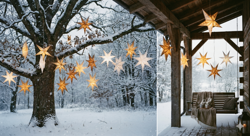 17 Magical Christmas Outdoor Decor Ideas to Transform Your Home This Holiday Season 15 Hanging Outdoor Stars