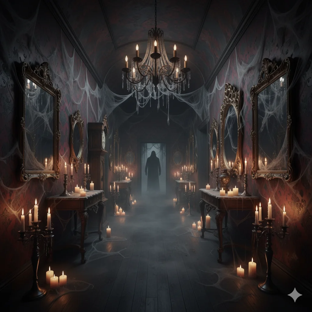 17 Spooky Season Home Decor Ideas That’ll Make Your Space Hauntingly Beautiful 12 Haunted house style hallway with flickering candles