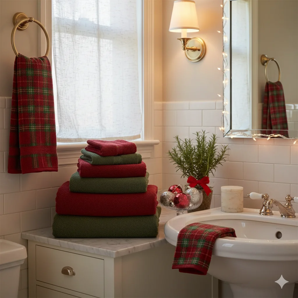 13 Festive Bathroom Touches for Christmas (Easy & Cozy Ideas) 3 Holiday Themed Towels