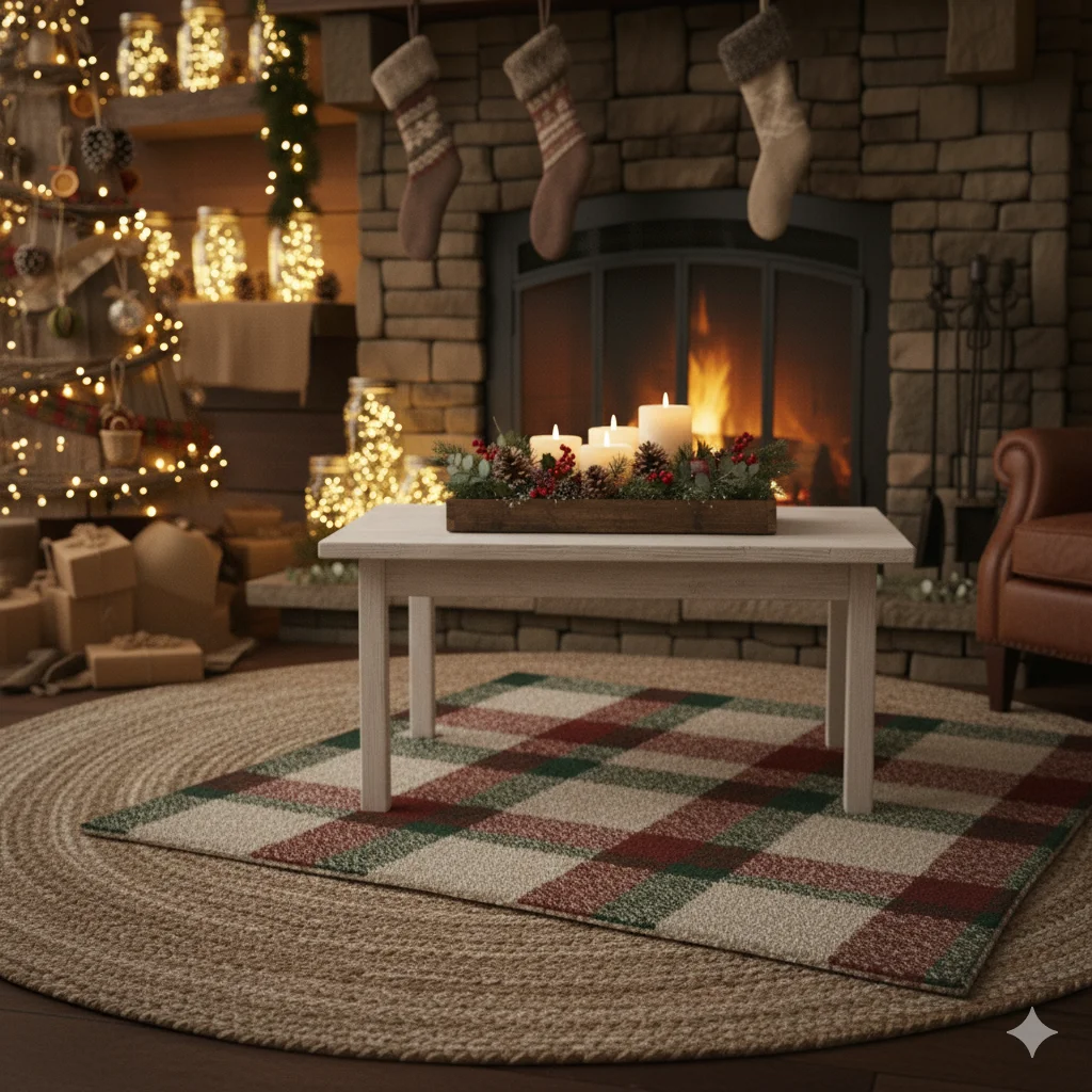 9 Rustic Farmhouse Christmas Living Room 3 Layered Rugs