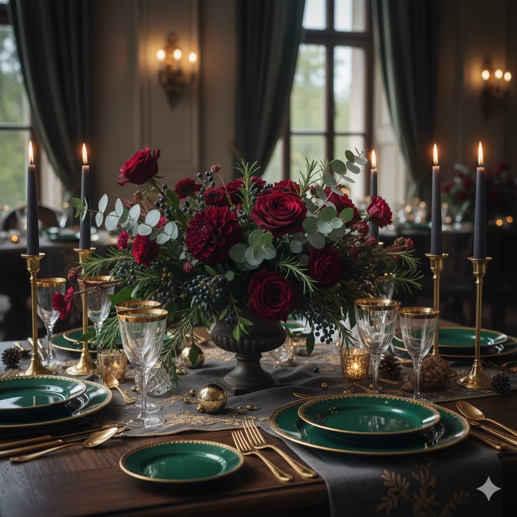 13 Best Festive Dining Table Decoration Ideas for the Holiday Season 3 Luxury festive dining table with emerald green plates