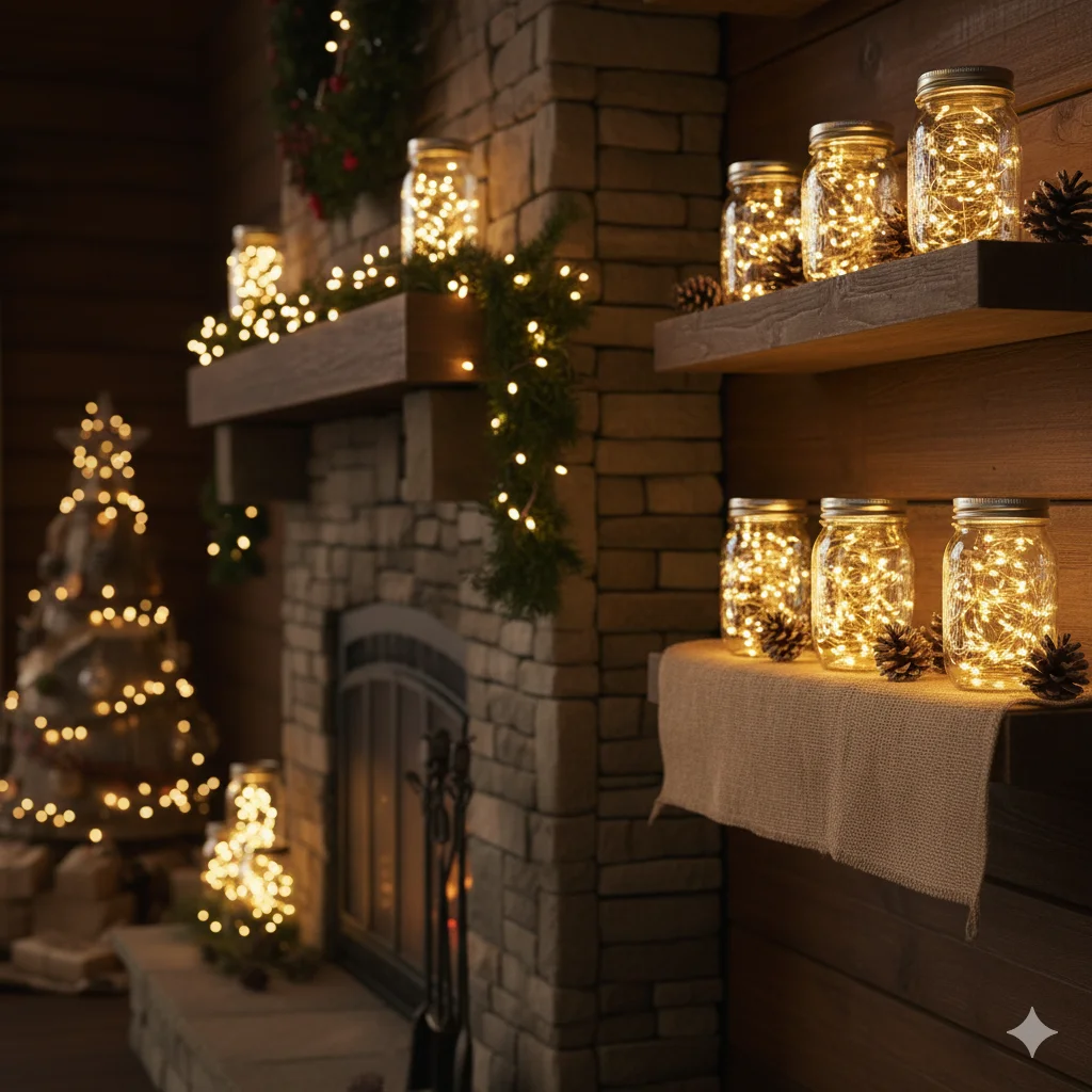 9 Rustic Farmhouse Christmas Living Room 9 Mason Jar Lights