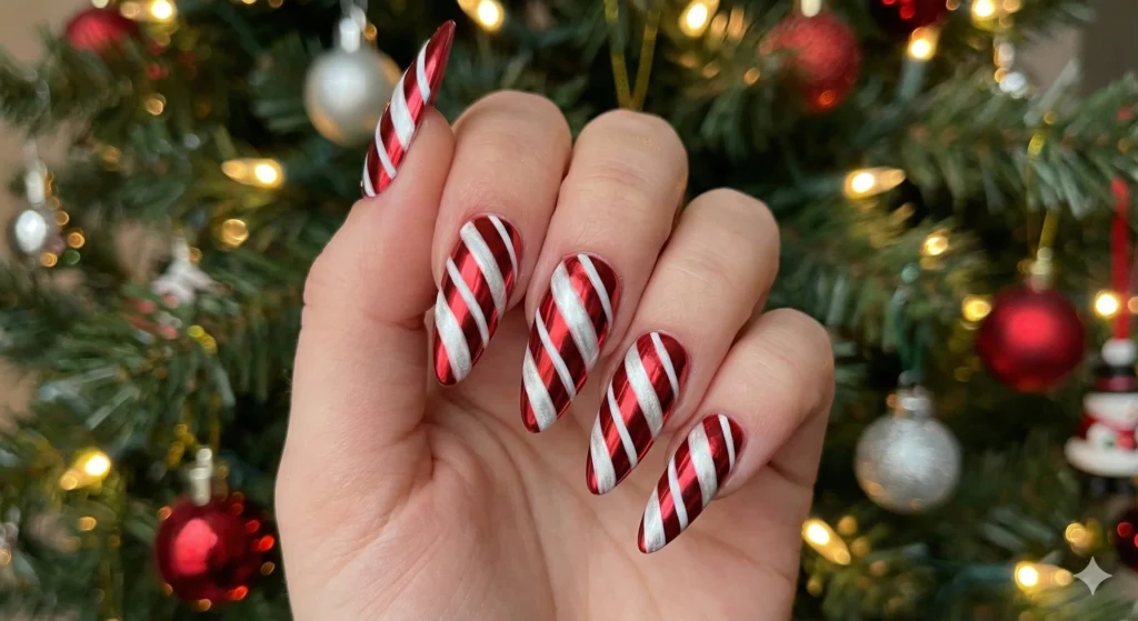 20 Christmas Nail Ideas 2025 – Trendy, Classy & Aesthetic Holiday Nails 3 Metallic Candy Cane Nails