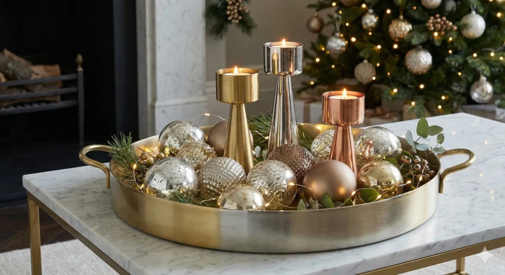 15 Festive Christmas Tray Decorating Ideas for Every Style 12 Metallic Holiday Tray