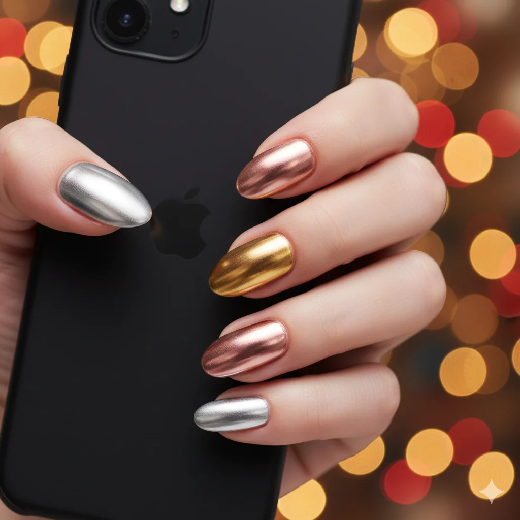 17 Happy New Year Nail Design Ideas For New Year 2026 14 Metallic Mix Match