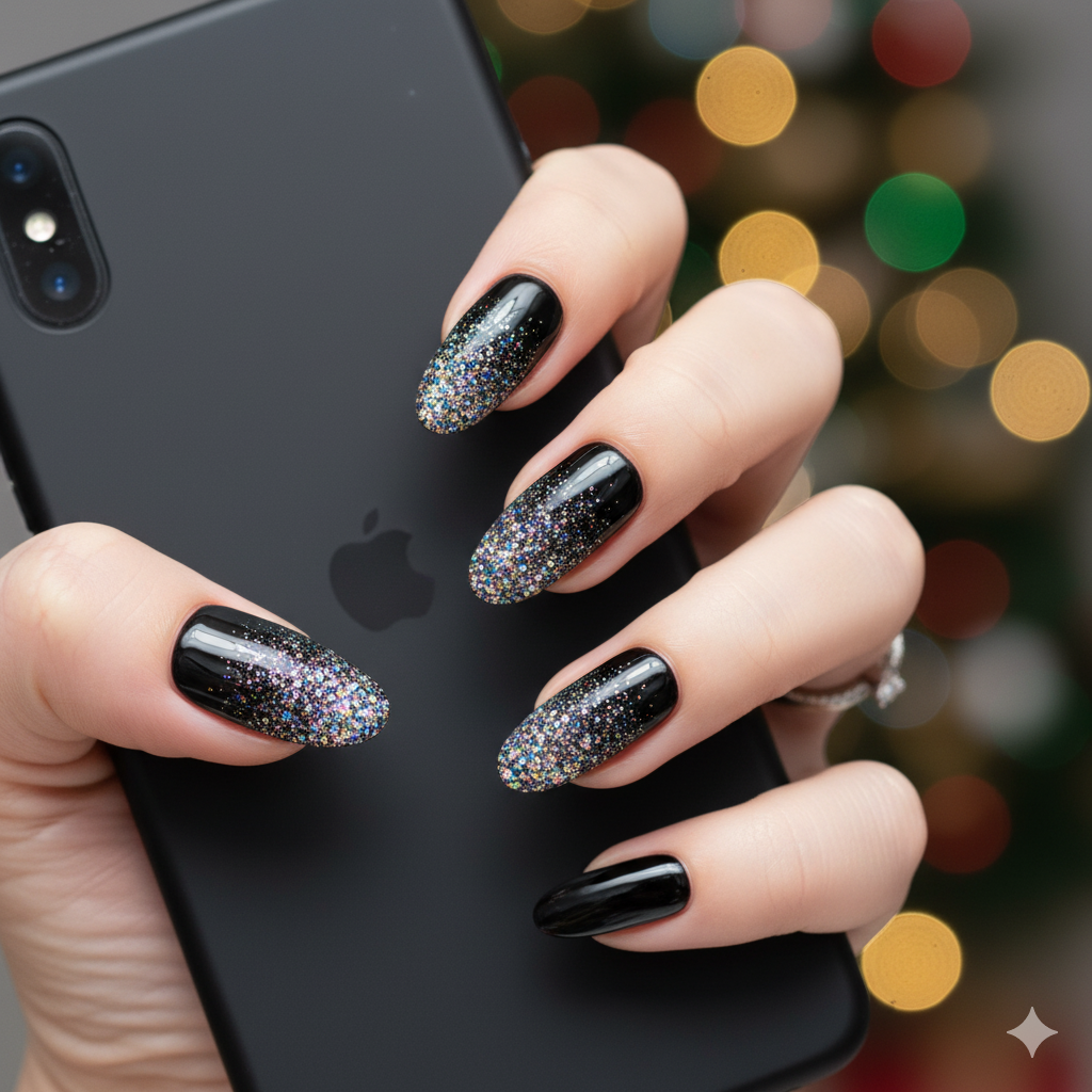 17 Happy New Year Nail Design Ideas For New Year 2026 17 Midnight sparkle nails