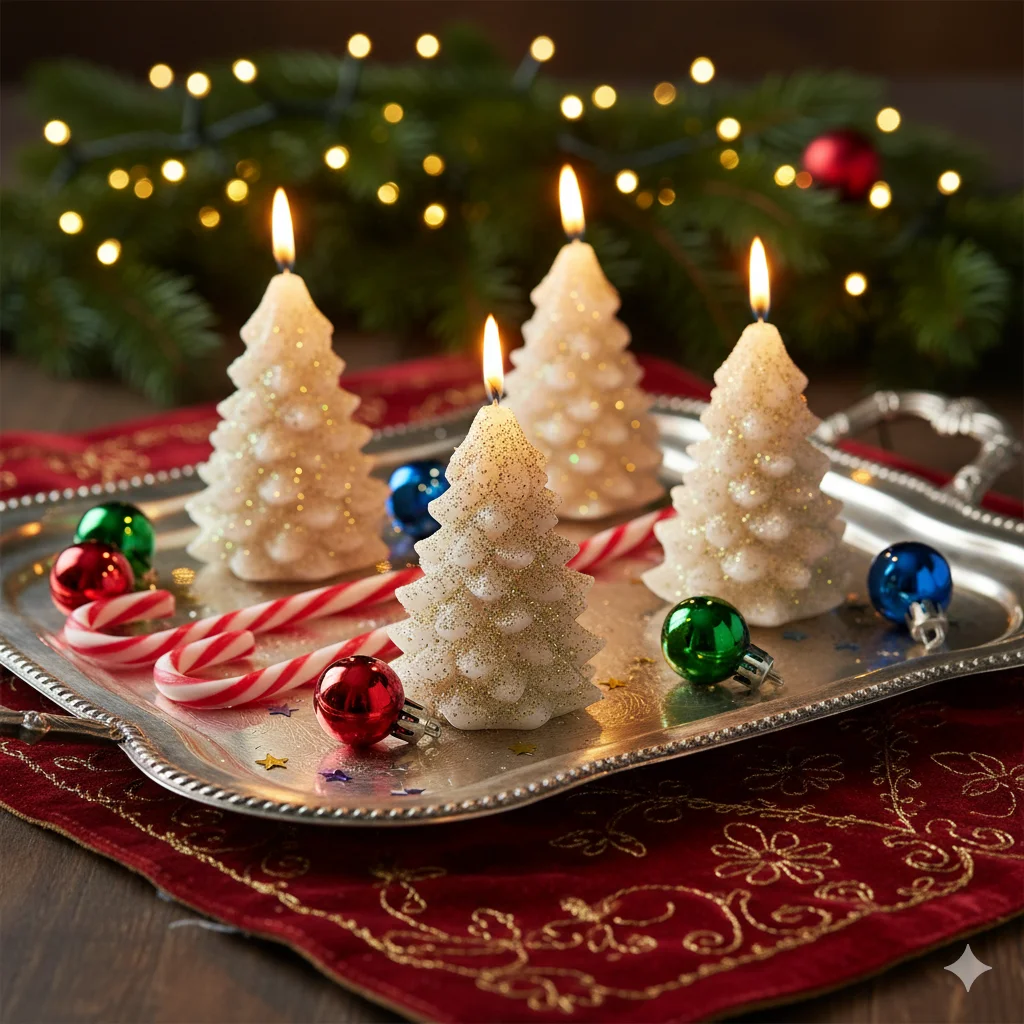 15 Cozy Christmas Candle Ideas for a Festive Holiday Atmosphere 8 Mini Christmas tree candles with gold glitter