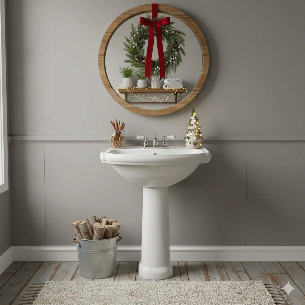 13 Festive Bathroom Touches for Christmas (Easy & Cozy Ideas) 2 Mini Wreath on Mirror