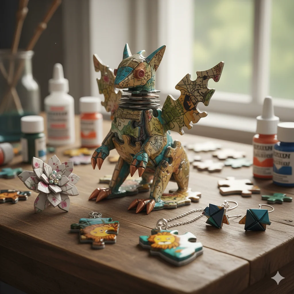 17 Unique Eco-Friendly Recycled Art Ideas for Beginners 5 Old Puzzle Piece Sculptures