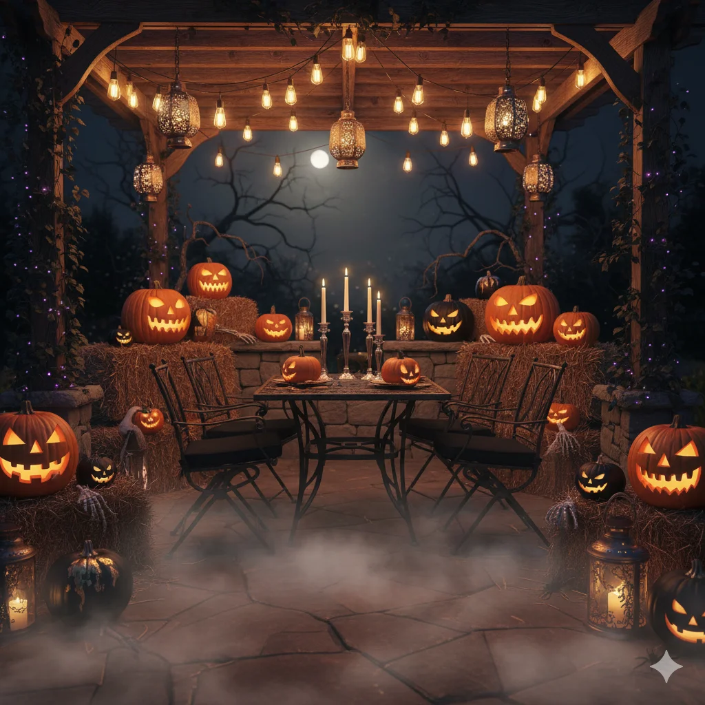 17 Spooky Season Home Decor Ideas That’ll Make Your Space Hauntingly Beautiful 9 Outdoor patio glowing at night with lanterns