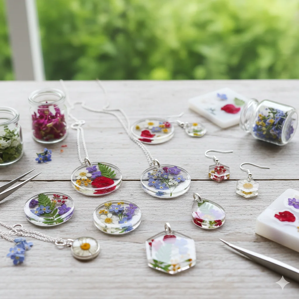 15 Simple DIY Crafts to Make at Home and Sell Online 4 Pressed Flower Resin Jewelry