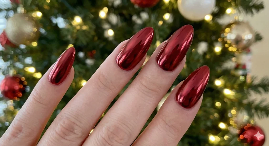 20 Christmas Nail Ideas 2025 – Trendy, Classy & Aesthetic Holiday Nails 6 Red Chrome Nails