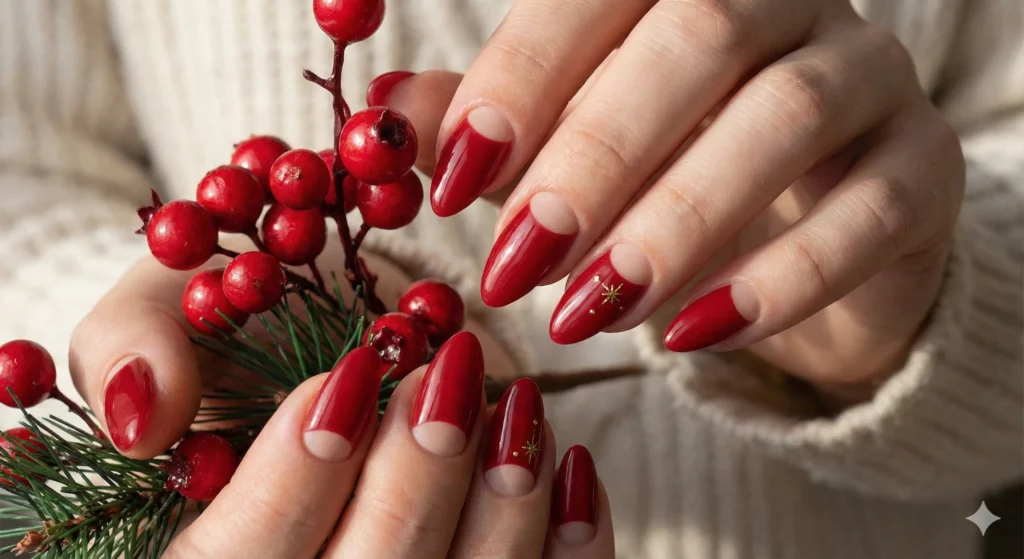 20 Christmas Nail Ideas 2025 – Trendy, Classy & Aesthetic Holiday Nails 14 Red Nude Half Moon Nails