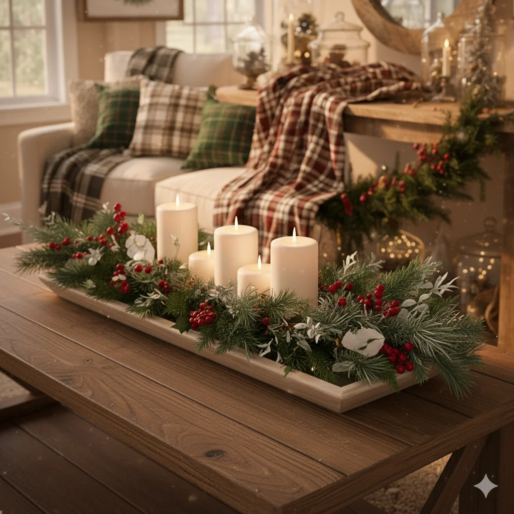 9 Rustic Farmhouse Christmas Living Room 7 Rustic Centerpiece