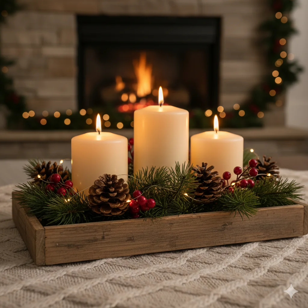 15 DIY Candle Décor Ideas for Christmas 2026 8 Rustic Christmas candle centerpiece
